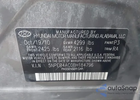 2011 Hyundai Sonata Gls из США, поврежденный, VIN 5NPEB4AC0BH184796